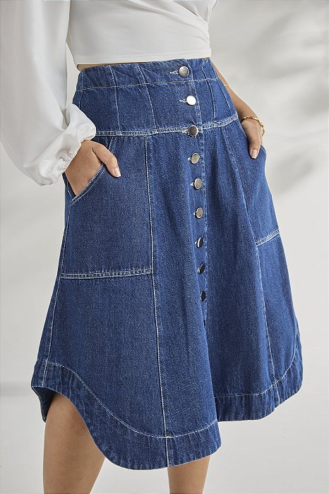 Saia Jeans Midi Recortes Botões Evasê Moda Evangélica Feminina